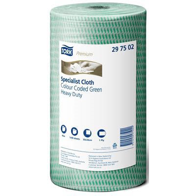 TORK 0297502 PREMIUM SPECIALIST CLOTH COLOUR CODED HEAVY DUTY 30CM X 50MTR 90 SHEET ROLL GREEN