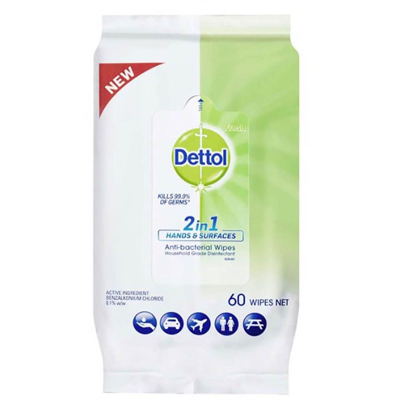 DETTOL HAND AND SURFACES ANTIBACTERIAL WIPES 2 IN 1 PACK 60