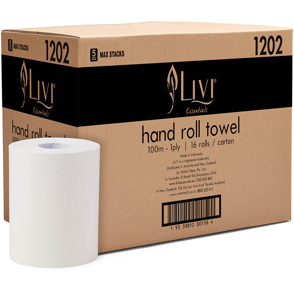 LIVI ESSENTIALS ROLL TOWEL 1 PLY 100M CARTON 16