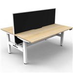 RAPIDLINE BOOST PLUS HEIGHT ADJUSTABLE DOUBLE SIDED WORKSTATION WITH SCREEN  CABLE TRAY 1500 X 750MM NATURAL OAK TOP  WHITE FRAME  BLACK SCREEN