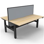 RAPIDLINE BOOST PLUS HEIGHT ADJUSTABLE DOUBLE SIDED WORKSTATION WITH SCREEN  CABLE TRAY 1800 X 750MM NATURAL OAK TOP  BLACK FRAME  GREY SCREEN